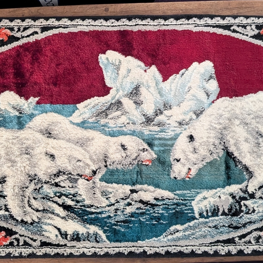 Velvet Polar Bear Rug Wall Hanging - White & Teal Arctic Scene